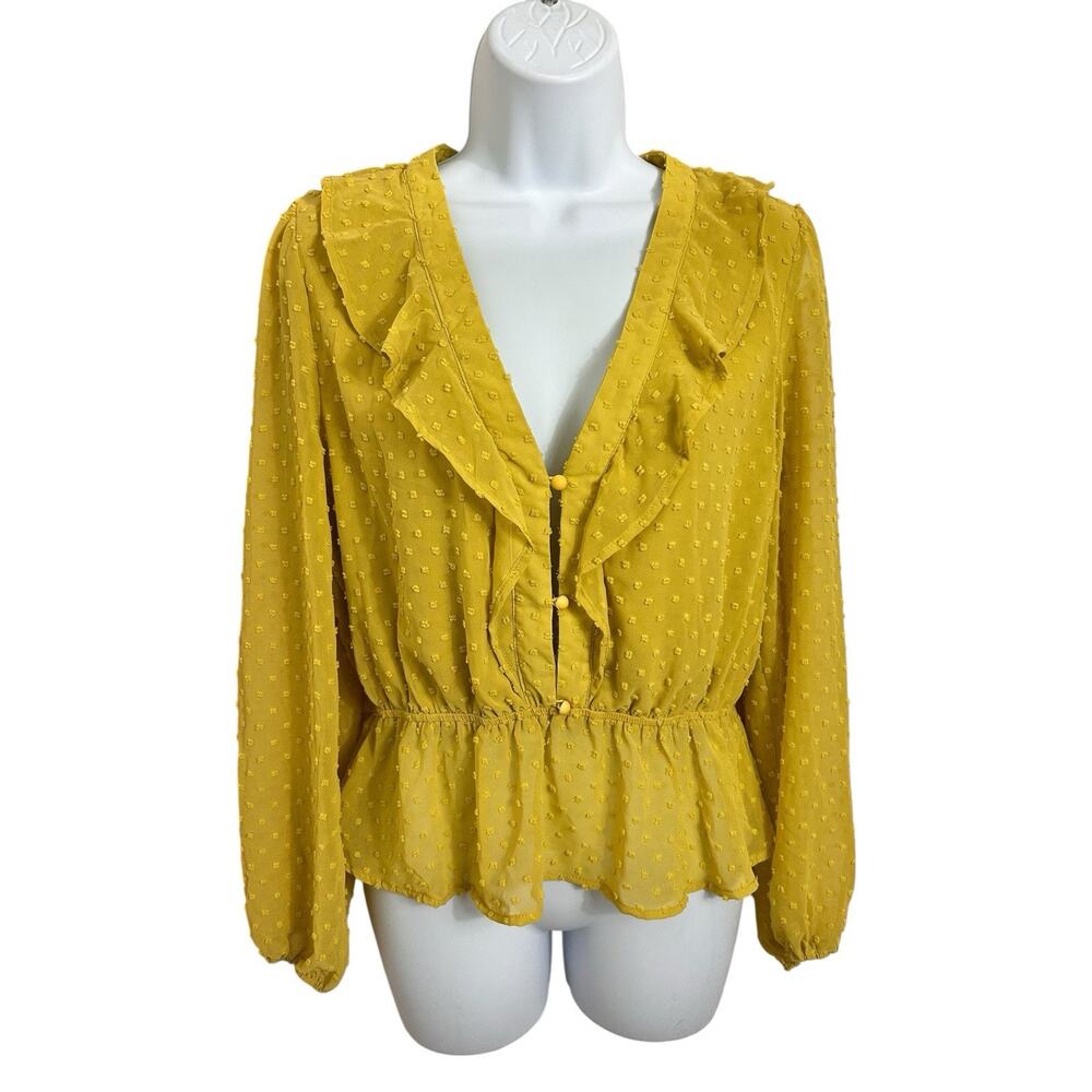 Favlux Fashion Blouse Sz L Long Balloon Sleeve V-Neck Textured Top Mustard - Picture 8 of 9